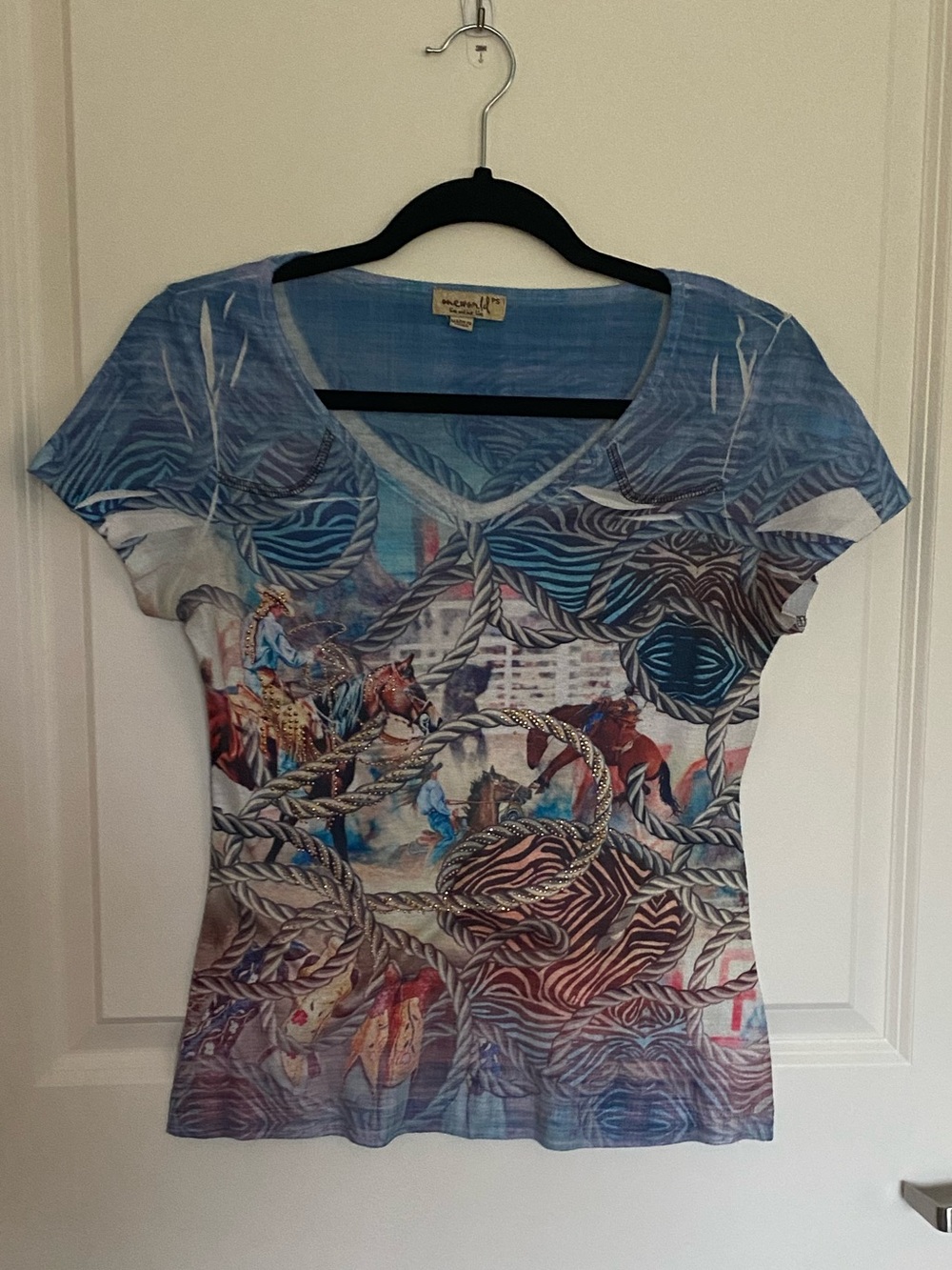 ONE WORLD Blue Multi V-Neck Short Sleeve Top